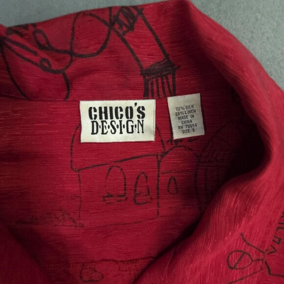 Chicos Design Shirt Womens 3 US XL Red Silk Linen Button Up Wearable Art African - Picture 3 of 11